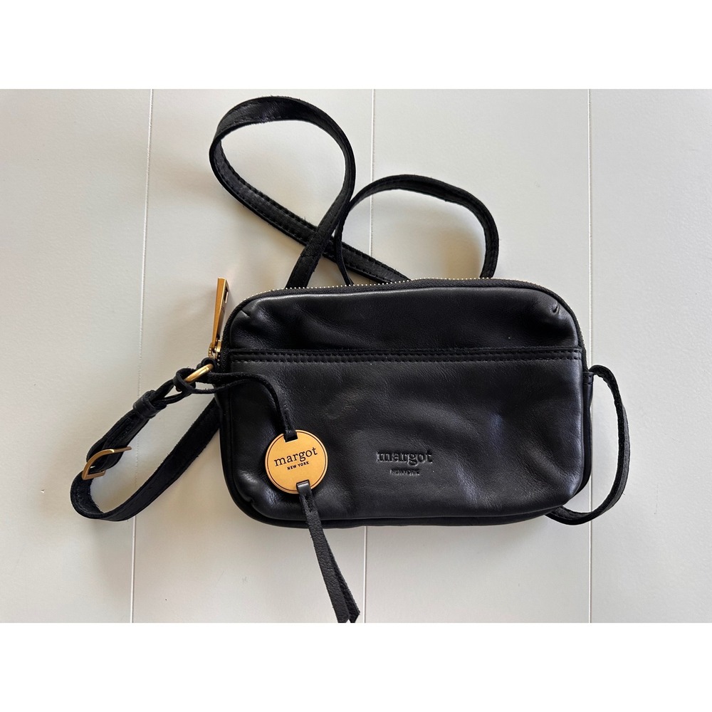 Margot New York Black Leather Crossbody Camera Bag Gold Hardware